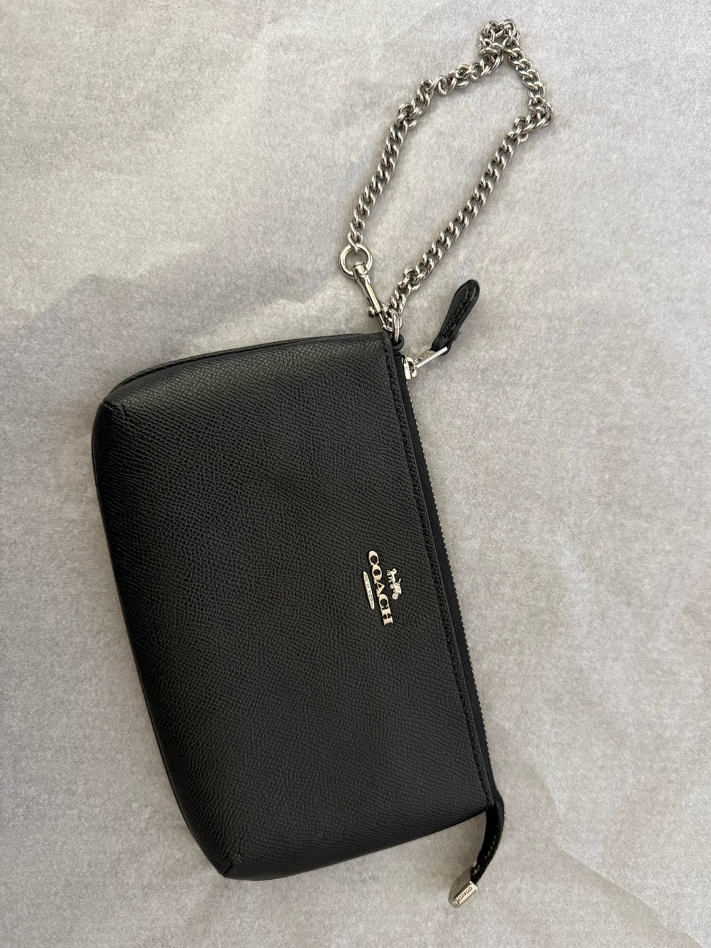 Coach Black Leather Wristlet with Silver Chain